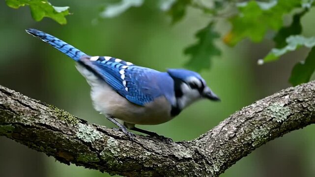 Blue Jay Singing on Tree Branch in Forest