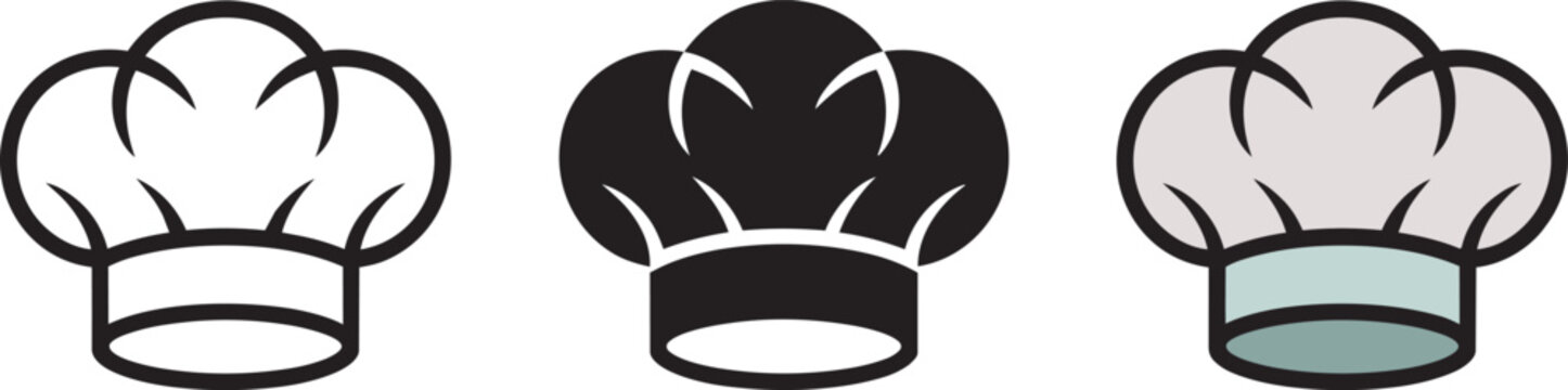 Chef hat icons in outline silhouette and color styles representing professional kitchen attire