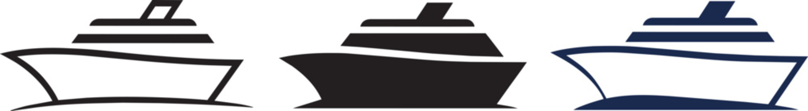 Cruise ship line and silhouette icons representing maritime travel and luxury vacation vessels