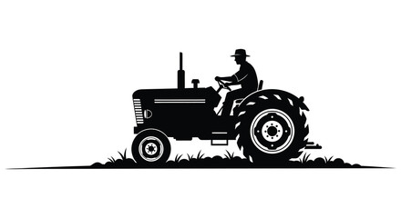 A farmer operating a vintage tractor across a grassy field depicted in a striking black silhouette high quality professional detailed modern © FAM