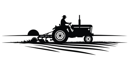 A vintage farm scene depicts a tractor with a driver plowing a field rendered in a striking silhouette high quality professional © FAM