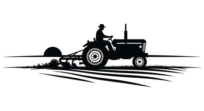 A vintage farm scene depicts a tractor with a driver plowing a field rendered in a striking silhouette high quality professional