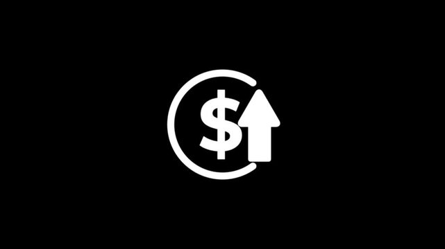 Abstract decrease icon on black background. Dollar rate up looped icon. Reduce costs sign and symbol.4k animated.