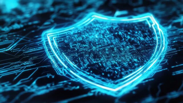 Digital security icon with shield and network pattern in blue glow.