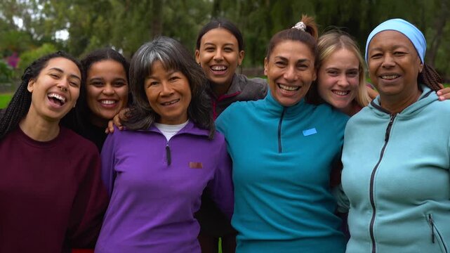 Group of happy multiracial women circle smiling on camera outdoor - Female multi generational community, support and diversity concept	