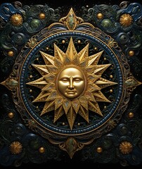 Obraz premium Sun perfect medallion totally isolated on black, stone dragon inside celestial botanical stone tapestry featuring moons, suns, constellations and lush flowers intertwined