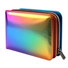 Holographic leather wallet with vibrant rainbow sheen, zipper, & elegant stitching
