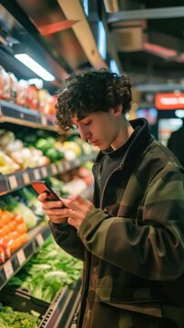 A young male is browsing his phone while looking for vegetables at a grocery store. He wears a camouflage jacket and focuses on the screen of his cellphone.