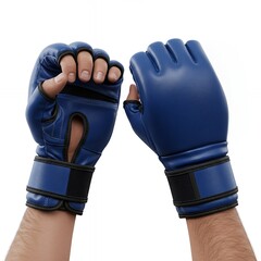 Blue MMA Grappling Gloves in Combat Pose, Professional Fighter Hand Protection Gear for Mixed Martial Arts and Sparring, Isolated on White Background