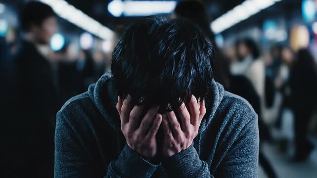 Man in distress, overwhelmed by crowds, covering face in despair
