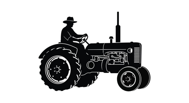 A vintage farm scene depicts a farmer driving an old tractor against a white background presented as a silhouette high quality