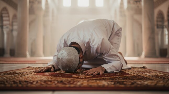 Muslim man praying in sujud position on prayer rug, Islamic worship in beautiful mosque interior, spiritual religious devotion with soft cinematic lighting