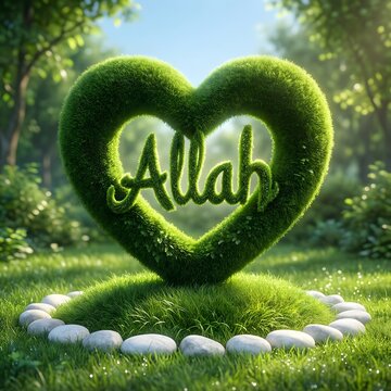 A lush green heart shaped bush displays the arabic word allah in a peaceful forest setting with light