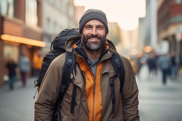 Man with backpack smiling at camera while walking on a city street
