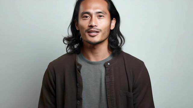 A close-up of an Asian man with long curly hair and a beard, in mid-speech. He is wearing a casual brown shirt over a gray t-shirt.