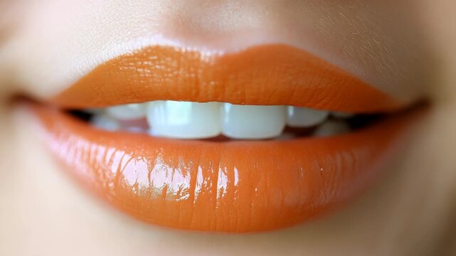 Close-up of a smiling mouth with orange lipstick, revealing white teeth. Skin visible