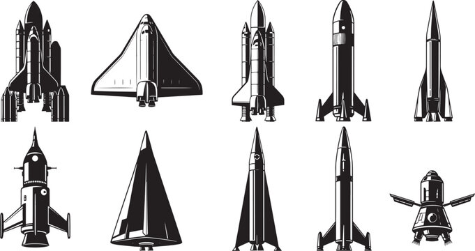 Collection of black and white of various rockets and spacecraft spaceship shuttle launch vehicle