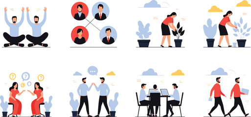 Business People Daily Activities Illustration Set with Team Communication, Collaboration, Growth, Meetings, Walking, Discussion, and Corporate Lifestyle Concepts Vector