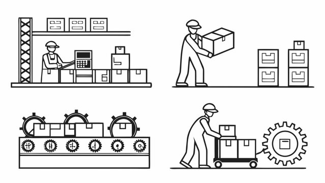 Assembly line illustrations depict workers loading boxes, using a scanner, and moving product on a conveyor belt system.