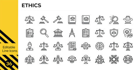 Ethics Editable Line Icon Set with Justice Law Balance Rights and Moral Responsibility Symbols for Legal Education Web Apps and Corporate Design