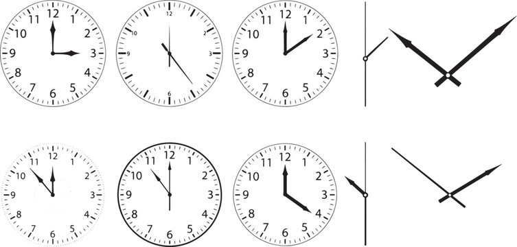 Six black and white clock faces showing different times and clock hands analog clock numbers