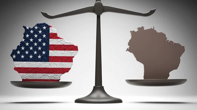 South america map with a usa flag texture outweighs a plain continent on a justice scale. Conceptual design for american foreign policy and international relations