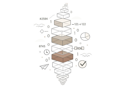 Image Generation. Blockchain ledger represented as layered blocks. Wide vertical chain of blocks fading into