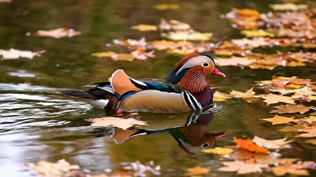 A beautiful male mandarin duck swims in a pond during the autumn season. The composite image shows a sequence of the colorful bird moving among fallen yellow maple leaves