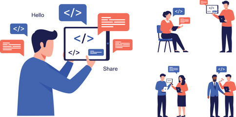 Software Development Collaboration Illustration with Programmers Sharing Code Code Review Communication and Teamwork Concepts for Web and App Design