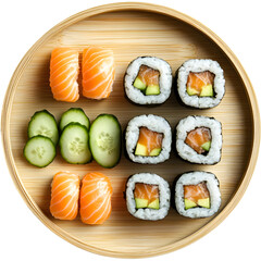Sushi platter with salmon nigiri and cucumber maki on bamboo tray isolated. Japanese food set for menu and branding.