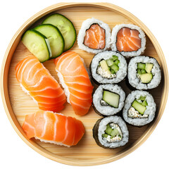 Round sushi platter with salmon nigiri and cucumber rolls isolated. Japanese cuisine presentation for restaurant menu and branding.