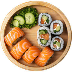 Assorted sushi set with salmon rolls and cucumber maki isolated. Japanese food composition for menu design and restaurant branding.