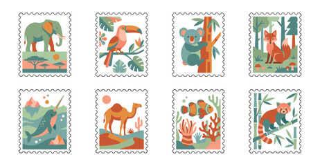 Fototapeta premium Minimalist Geometric Wildlife Postage Stamp Collection for Global Biodiversity Awareness and Stationery Design