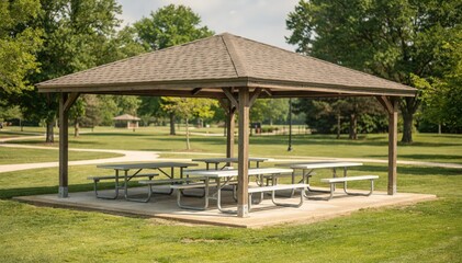 Obraz premium Empty dayuse picnic area featuring clean group tables and covered pavilions the main shelter in sharp focus with softly blurred trees and pathways.