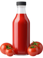 Tomato juice bottle with fresh tomatoes isolated. Natural vegetable drink for packaging design and branding.