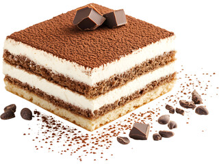 Tiramisu cake portion isolated on transparent background. Traditional Italian dessert for menu and branding visuals.