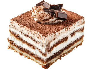 Classic tiramisu dessert square isolated. Italian layered cake with cocoa and coffee for restaurant menu and branding.