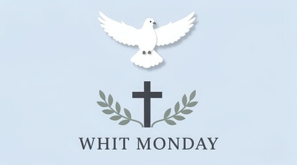 Whit Monday religious greeting card, white dove of peace with holy cross and olive branches, Christian Pentecost Monday celebration background