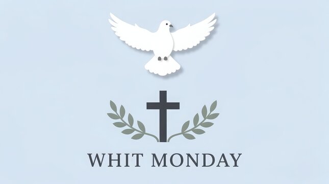 Whit Monday religious greeting card, white dove of peace with holy cross and olive branches, Christian Pentecost Monday celebration background