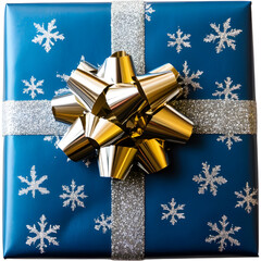 Blue gift box with golden ribbon isolated. Clean festive present concept for winter holidays, celebrations and seasonal design projects.