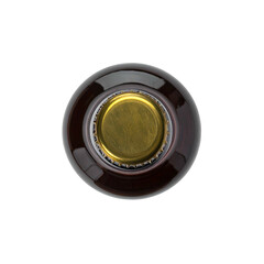 Top-down view of a dark brown bottle with a gold cap, isolated on black