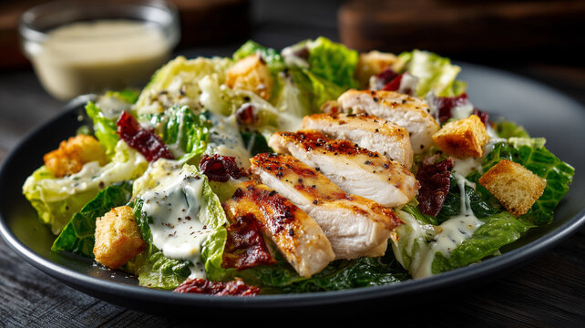 Caesar salad with chicken in a plate