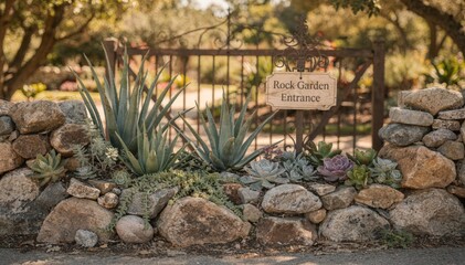 Obraz premium Focus on a rock garden border framing an entrance gate showcasing contrasting succulents and decorative signage with softfocus surroundings for depth.