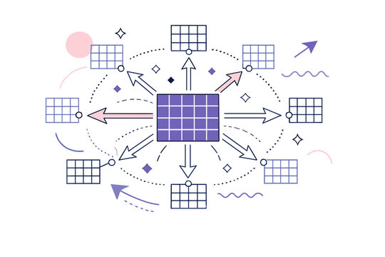 Image Generation. Abstract grids symbolizing decentralization. Central grid hub branching into many equal
