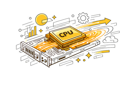 Image Generation. Server blades and processors in close-up. Extreme close-up of a processor chip seated in a