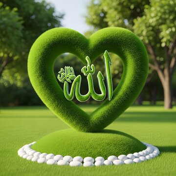A beautifully sculpted heart shaped bush displays the arabic calligraphy for the word allah in a peaceful garden setting