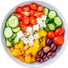 Colorful mixed salad with feta, beans, vegetables and greens isolated. Clean eating concept for healthy lifestyle, nutrition and wellness visuals.