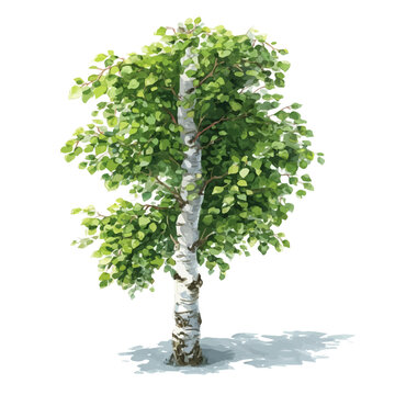 Birch Tree in detailed isometric watercolor art, isolated on a pure white backdrop.