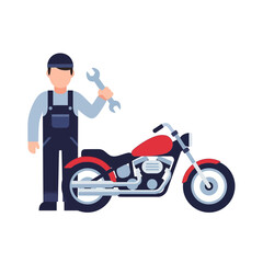 Motorcycle Mechanic holding wrench next to red motorbike, repair service concept