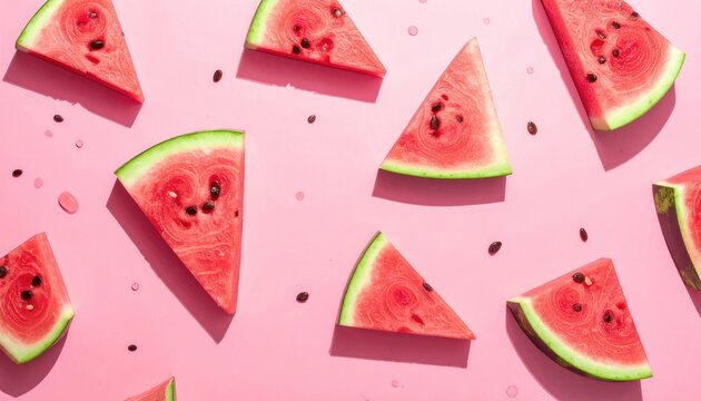 Vibrant Slices of Watermelon Scattered on a Bright Pink Surface with Dramatic Shadows